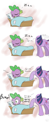 Size: 1200x3000 | Tagged: safe, artist:muffinsforever, spike, twilight sparkle, dragon, pony, g4, bed, comic, male, pillow, sleeping