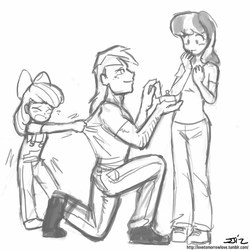 Size: 850x850 | Tagged: safe, artist:johnjoseco, apple bloom, big macintosh, cheerilee, human, g4, engagement ring, female, grayscale, humanized, love poison, male, marriage proposal, monochrome, ring, ship:cheerimac, shipping, straight