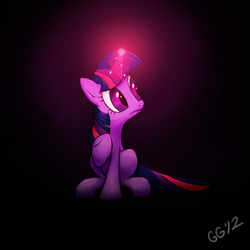 Size: 600x600 | Tagged: safe, artist:gloomygoomba, twilight sparkle, pony, unicorn, g4, dark, female, glowing horn, horn, mare, raised hoof, sitting, solo, unicorn twilight