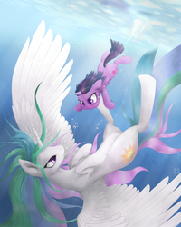 Size: 2000x2500 | Tagged: dead source, safe, artist:mlpanon, princess celestia, twilight sparkle, alicorn, pony, unicorn, g4, bubble, crepuscular rays, duo, female, filly, filly twilight sparkle, flowing mane, flowing tail, high res, horn, looking at each other, looking at someone, mare, ocean, signature, smiling, spread wings, sunlight, swimming, tail, teacher and student, underwater, unicorn twilight, water, wings, younger