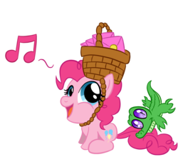 Size: 1678x1477 | Tagged: safe, artist:infernaldalek, gummy, pinkie pie, earth pony, pony, g4, party of one, basket, biting, chibi, cute, diapinkes, duo, invitation, letter, music notes, open mouth, simple background, tail bite, transparent background