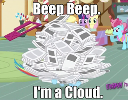 Size: 638x500 | Tagged: safe, edit, edited screencap, screencap, applejack, cup cake, fluttershy, rainbow dash, twilight sparkle, g4, ponyville confidential, beep beep, cropped, image macro, newspaper