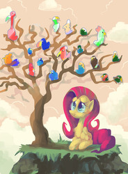 Size: 1400x1900 | Tagged: safe, artist:docwario, fluttershy, bird, pegasus, pony, g4, female, folded wings, mare, sitting, smiling, solo, under the tree, wings