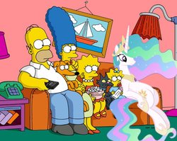 Size: 864x688 | Tagged: safe, artist:stinkehund, edit, princess celestia, alicorn, cat, dog, human, pony, g4, couch, couch gag, crossover, female, frown, homer simpson, lisa simpson, maggie simpson, male, mare, marge simpson, replacement, santa's little helper, sitting, smiling, snowball ii, the simpsons