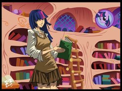 Size: 900x675 | Tagged: safe, artist:irving-zero, twilight sparkle, human, g4, book, clothes, female, golden oaks library, humanized, no more ponies at source, skirt, solo