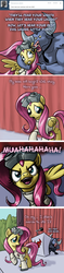 Size: 640x2704 | Tagged: safe, artist:giantmosquito, fluttershy, iron will, minotaur, pegasus, pony, ask-dr-adorable, g4, clothes, comic, dr adorable, duo, evil laugh, female, goggles, lab coat, mare, muahaha!
