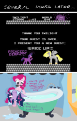 Size: 1219x1920 | Tagged: safe, artist:cyb3rwaste, derpy hooves, pinkie pie, twilight sparkle, alicorn, pony, g4, bath, crossover, curtains, derpicorn, female, mare, platformer, race swap, super mario bros.