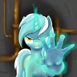 Size: 1200x1200 | Tagged: dead source, safe, artist:cyb3rwaste, lyra heartstrings, pony, unicorn, g4, evil grin, grin, hand, hilarious in hindsight, looking at you, magic, magic hands, smiling, suddenly hands, that pony sure does love hands, vibe check