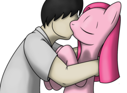 Size: 1400x1026 | Tagged: safe, artist:tg-0, pinkie pie, earth pony, human, pony, g4, duo, female, human male, human male on mare, human on pony action, interspecies, kiss on the lips, kissing, male, mare, straight