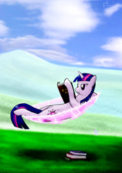 Size: 2059x2912 | Tagged: safe, artist:f4celessart, spike, twilight sparkle, butterfly, g4, book, grass, grass field, hammock, magic, reading, scenery