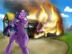 Size: 1600x1200 | Tagged: safe, artist:conicer, twilight sparkle, pony, unicorn, g4, arson, burning, cover, dmv, fanfic, fanfic art, fanfic cover, female, fire, insanity, levitation, magic, mare, solo, telekinesis, this ended in fire, twilight snapple