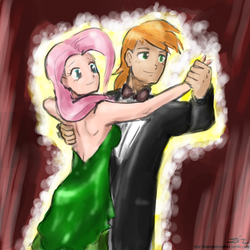Size: 800x800 | Tagged: safe, artist:johnjoseco, artist:michos, big macintosh, fluttershy, human, g4, clothes, dancing, dress, female, humanized, male, ship:fluttermac, shipping, straight