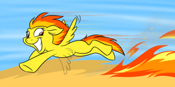Size: 1000x500 | Tagged: safe, artist:calicopikachu, spitfire, pegasus, pony, g4, female, fire, fire trail, flying, grin, solo, spitfiery