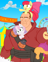 Size: 1549x2000 | Tagged: safe, artist:joey darkmeat, artist:starbolt-81, apple bloom, scootaloo, sweetie belle, human, pony, g4, butt, crossover, cutie mark crusaders, plot, soldier, soldier (tf2), team fortress 2