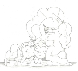 Size: 2332x2132 | Tagged: safe, artist:doccobb, pinkie pie, pound cake, pumpkin cake, earth pony, pegasus, pony, unicorn, g4, female, high res, mare, sketch, sleeping, traditional art