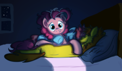 Size: 1122x652 | Tagged: safe, artist:rannva, carrot cake, cup cake, pinkie pie, g4, bed, bisexual, cuddling, door, female, lesbian, male, night, ot3, ship:cakepie, ship:carrot cup, ship:carrot cup pie, ship:carrotpie, shipping, sleeping, snuggling, straight