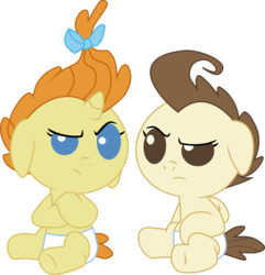 Size: 5783x6000 | Tagged: safe, artist:ownageownz, pound cake, pumpkin cake, g4, absurd resolution, agitated, baby, baby pony, cake twins, colt, crossed hooves, diaper, diapered, diapered colt, diapered filly, diapered foals, duo, female, filly, looking at each other, male, one month old colt, one month old filly, one month old foals, siblings, simple background, transparent background, twins, vector, white diapers