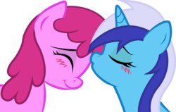 Size: 2310x1467 | Tagged: safe, artist:kennyklent, berry punch, berryshine, minuette, earth pony, pony, unicorn, g4, female, forehead kiss, kissing, lesbian, ship:berrygate, shipping, simple background, transparent background