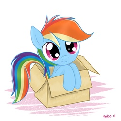 Size: 1500x1500 | Tagged: safe, artist:mcsadat, rainbow dash, pegasus, pony, fanfic:my little dashie, g4, abstract background, box, cardboard box, cute, dashabetes, fanfic art, female, filly, filly rainbow dash, mare, pony in a box, signature, simple background, sitting, smiling, solo