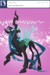 Size: 698x1037 | Tagged: safe, artist:tarajenkins, queen chrysalis, changeling, changeling queen, cupidite, g4, ask, awesome face, dialogue, faic, fangs, female, flehmen response, hoers, horses doing horse things, looking up, nightmare fuel, raised hoof, smiling, solo, standing, tumblr, uguu