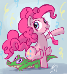 Size: 452x500 | Tagged: safe, artist:atryl, gummy, pinkie pie, pony, g4, duo, party horn