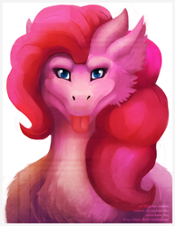 Size: 792x1024 | Tagged: safe, artist:dustydrell, artist:essence of rapture, artist:ius-iuris, artist:shiro-kuro, pinkie pie, dragon, feathered dragon, g4, dragonified, female, pinkiedragon, solo, species swap