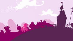 Size: 1920x1080 | Tagged: safe, artist:moabite, pinkie pie, earth pony, pony, g4, cloud, female, hooves, lineless, mare, minimalist, ponyville, ponyville schoolhouse, school, silhouette, solo, wallpaper