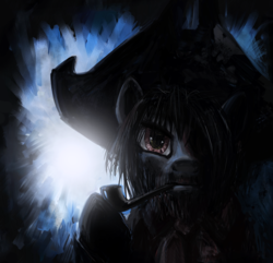 Size: 800x770 | Tagged: safe, artist:averagedraw, pipsqueak, pony, g4, backlighting, beard, bicorne, hair over one eye, hat, male, older, pipe, pirate, pirate hat, solo