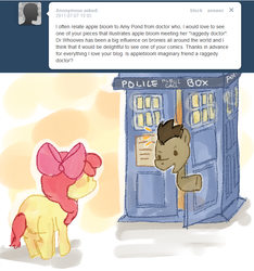 Size: 713x763 | Tagged: safe, artist:votum, apple bloom, doctor whooves, time turner, earth pony, pony, ask apple bloom, g4, doctor who, duo, female, filly, male, parody, stallion, tardis, the doctor
