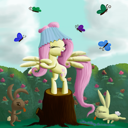 Size: 1000x1000 | Tagged: safe, artist:deathpwny, fluttershy, butterfly, pegasus, pony, rabbit, g4, dancing, hat, lampshade, lampshade hat