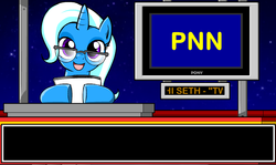 Size: 1138x680 | Tagged: safe, artist:marcusmaximus, trixie, minty fresh adventure, g4, female, glasses, mare, news, night, platformer, pnn, totally not trixie