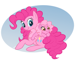 Size: 1131x904 | Tagged: safe, artist:mn27, pinkie pie, oc, pony, unicorn, g4, mother and daughter, offspring, parent:pinkie pie, ponies riding ponies, riding