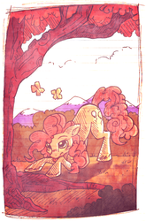 Size: 520x789 | Tagged: safe, artist:koshi-doshi, pinkie pie, butterfly, pony, g4, face down ass up, female, solo, tongue out, tree