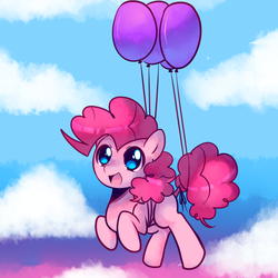 Size: 800x800 | Tagged: safe, artist:pekou, pinkie pie, earth pony, pony, g4, balloon, cloud, cloudy, cute, diapinkes, female, flying, solo, then watch her balloons lift her up to the sky