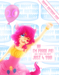 Size: 977x1231 | Tagged: safe, artist:fuzzai, pinkie pie, human, g4, balloon, eared humanization, female, humanized, solo, tailed humanization