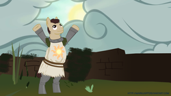 Size: 1600x900 | Tagged: safe, artist:markuspp, pony, armor, bipedal, dark souls, ponified, praise the sun, smiling, solaire of astora, solo, sun