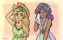 Size: 800x505 | Tagged: safe, artist:nilii, applejack, rarity, human, a canterlot wedding, g4, applejack's hat, clothes, cowboy hat, crying, dark skin, dress, handkerchief, hat, humanized, scene interpretation, scrunchy face, tissue