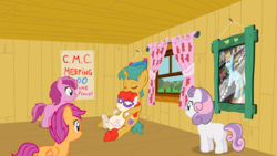 Size: 2100x1183 | Tagged: safe, artist:ludiculouspegasus, rainbow dash, ruby pinch, scootaloo, snails, sweetie belle, twist, g4, clubhouse, crusaders clubhouse, female, glasses, male, ship:snailstwist, shipping, sleeping, straight