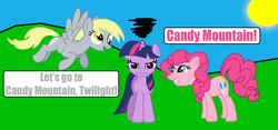 Size: 900x420 | Tagged: safe, artist:death-driver-5000, artist:ecto-500, derpy hooves, pinkie pie, twilight sparkle, earth pony, pegasus, pony, unicorn, g4, charlie the unicorn, female, mare, parody, scene parody, unicorn twilight