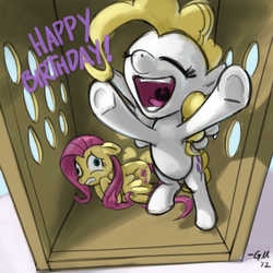 Size: 640x640 | Tagged: safe, artist:giantmosquito, fluttershy, surprise, pony, g1, g4, bipedal, birthday, duo, eyes closed, g1 to g4, generation leap