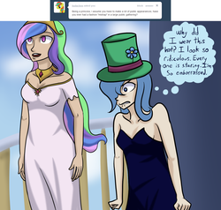 Size: 1280x1219 | Tagged: safe, artist:7nights, princess celestia, princess luna, human, ask human luna, g4, ask, hat, human luna, humanized, s1 luna