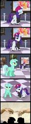 Size: 784x3115 | Tagged: safe, artist:choedan-kal, fluttershy, lyra heartstrings, rarity, g4, art gallery, beatnik rarity, beret, clothes, comic, hand, hat, michelangelo, the creation of adam