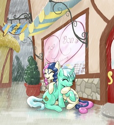 Size: 1100x1200 | Tagged: safe, artist:muffinshire, bon bon, lyra heartstrings, sweetie drops, earth pony, pony, unicorn, g4, duo, eyes closed, female, hug, lesbian, rain, ship:lyrabon, shipping, smiling, wet mane