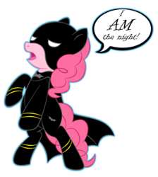 Size: 1564x1744 | Tagged: safe, artist:zomgitsalaura, pinkie pie, earth pony, pony, g4, batman, dialogue, female, simple background, solo, transparent background