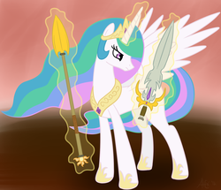 Size: 1742x1500 | Tagged: safe, artist:alexstrazse, princess celestia, alicorn, pony, g4, female, javelin, levitation, magic, mare, solo, sword, telekinesis, weapon