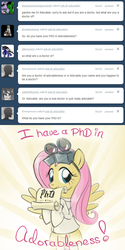 Size: 640x1280 | Tagged: safe, artist:giantmosquito, fluttershy, pony, ask-dr-adorable, g4, ask, bipedal, clothes, cute, diploma, dr adorable, gloves, goggles, grin, lab coat, looking at you, mouth hold, phd, shyabetes, smiling, spread wings, tumblr