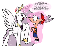 Size: 1400x1050 | Tagged: safe, artist:fkandfriends, princess celestia, alicorn, human, pony, princess molestia, g4, crossover, phineas and ferb, phineas and ferb hater, phineas flynn