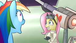 Size: 1280x720 | Tagged: safe, artist:dazko, fluttershy, rainbow dash, g4, death ray, dr adorable, laser