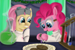 Size: 1023x682 | Tagged: artist needed, safe, fluttershy, pinkie pie, g4, askmorninghue, cookie, dr adorable