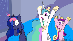 Size: 1600x897 | Tagged: safe, artist:loceri, princess cadance, princess celestia, princess luna, alicorn, pony, g4, :o, cheering, couch, crown, cute, donut, hoof shoes, hoopla, horn, horn grab, jewelry, open mouth, quoits, regalia, ring toss, sitting, wide eyes